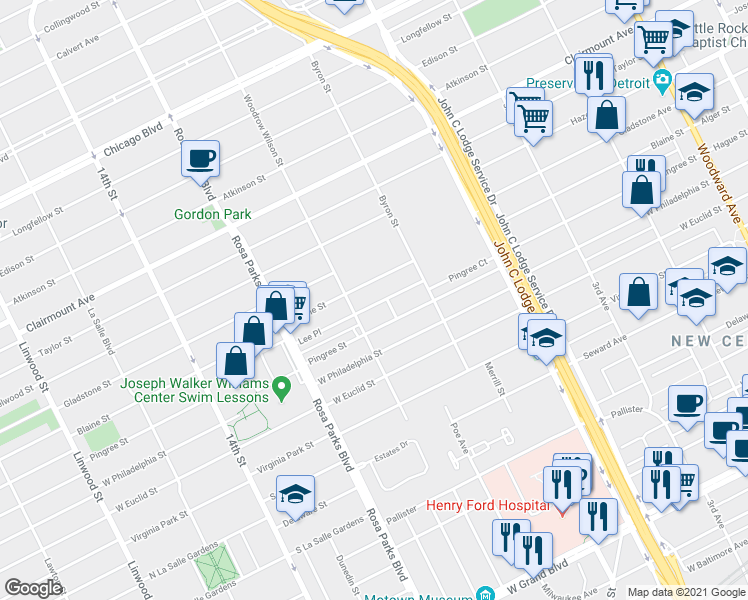 map of restaurants, bars, coffee shops, grocery stores, and more near 1506 Pingree Street in Detroit