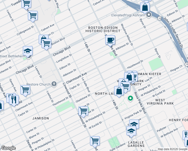 map of restaurants, bars, coffee shops, grocery stores, and more near 2246 Hazelwood Street in Detroit