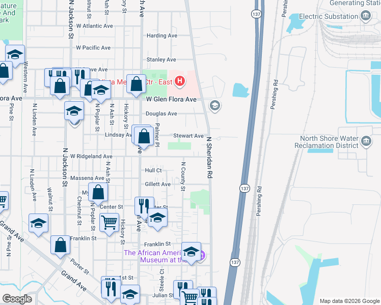 map of restaurants, bars, coffee shops, grocery stores, and more near 946 North Sheridan Road in Waukegan