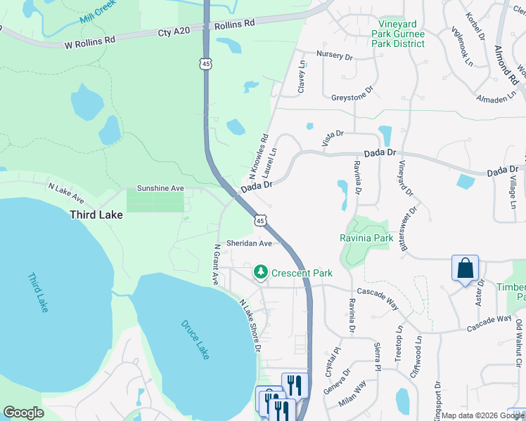 map of restaurants, bars, coffee shops, grocery stores, and more near 962 Knowles Road in Gurnee