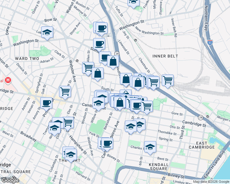 map of restaurants, bars, coffee shops, grocery stores, and more near 52 Porter Street in Cambridge