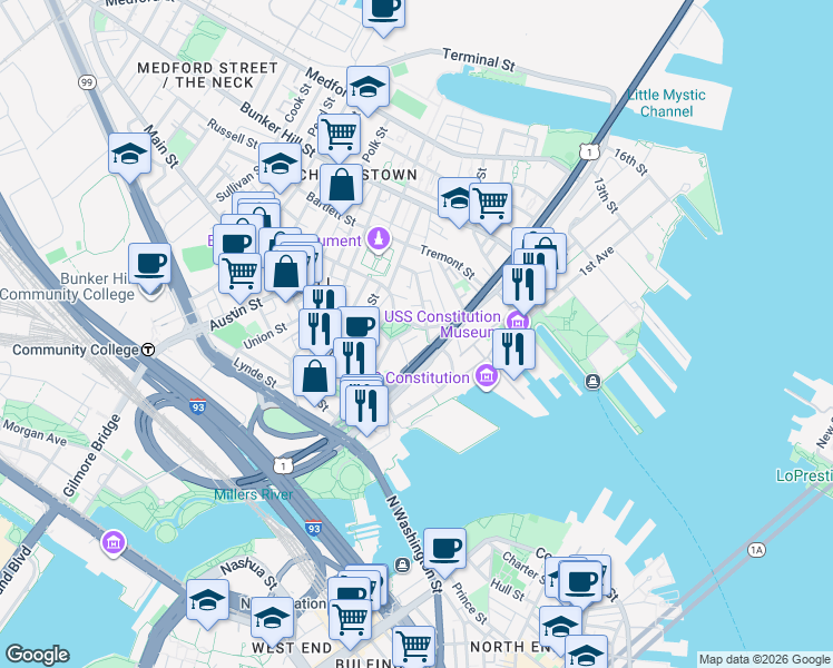 map of restaurants, bars, coffee shops, grocery stores, and more near 5 Putnam Street in Boston