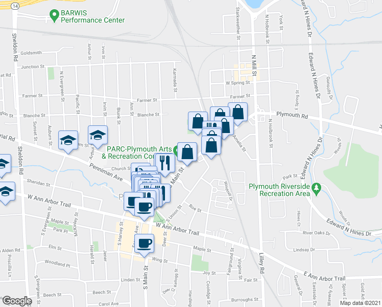 map of restaurants, bars, coffee shops, grocery stores, and more near 134 North Main Street in Plymouth