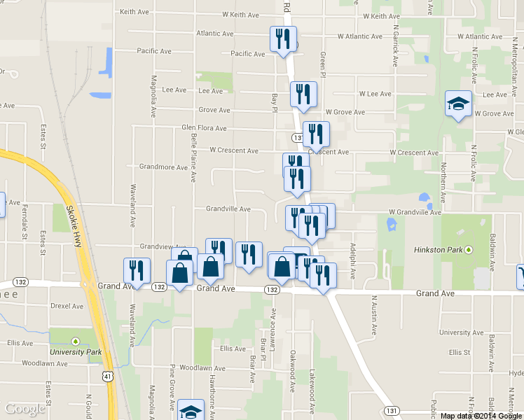 map of restaurants, bars, coffee shops, grocery stores, and more near 3430 Grandville Avenue in Gurnee