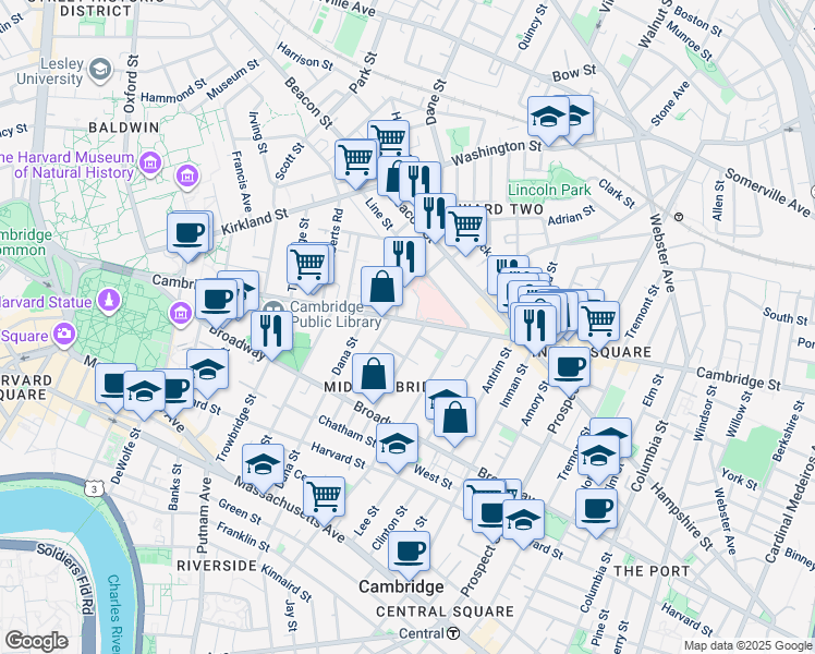 map of restaurants, bars, coffee shops, grocery stores, and more near 1522 Cambridge Street in Cambridge