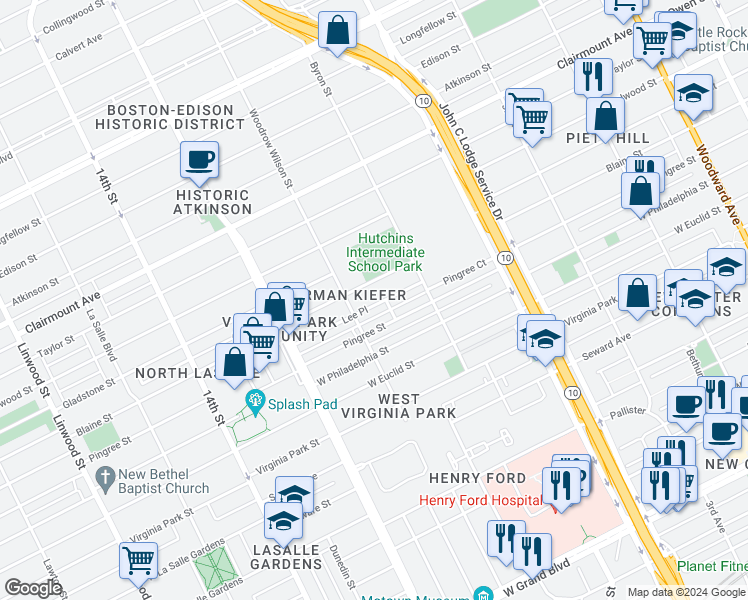 map of restaurants, bars, coffee shops, grocery stores, and more near 1518 Lee Place in Detroit