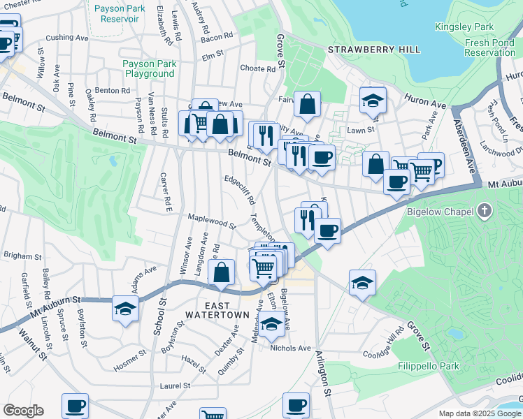 map of restaurants, bars, coffee shops, grocery stores, and more near 82 Salisbury Road in Watertown