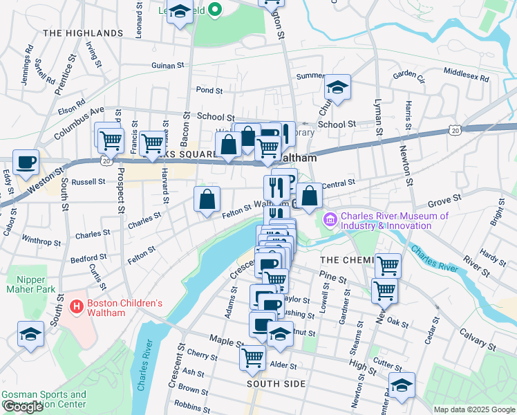 map of restaurants, bars, coffee shops, grocery stores, and more near 42 Felton Street in Waltham