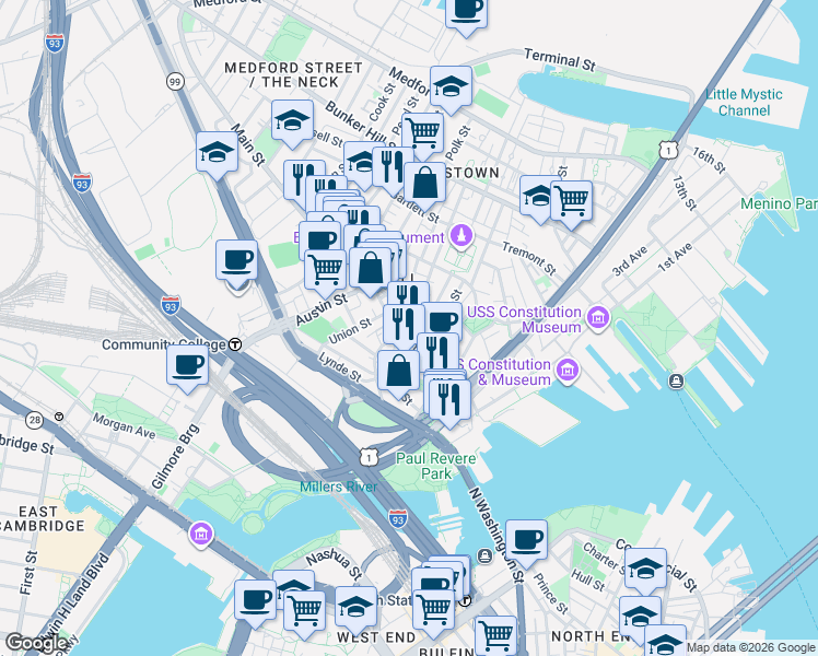 map of restaurants, bars, coffee shops, grocery stores, and more near 1 Pleasant Street in Boston