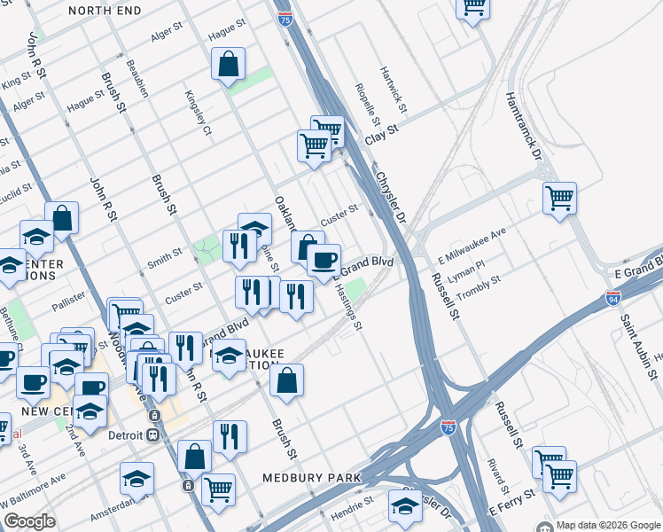 map of restaurants, bars, coffee shops, grocery stores, and more near 2820 East Grand Boulevard in Detroit