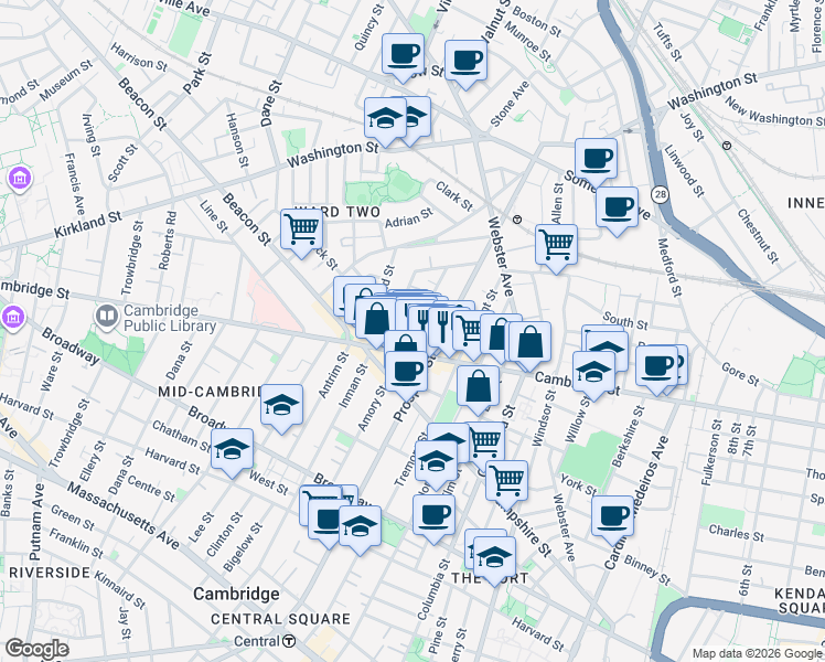 map of restaurants, bars, coffee shops, grocery stores, and more near 18 Oakland Street in Cambridge