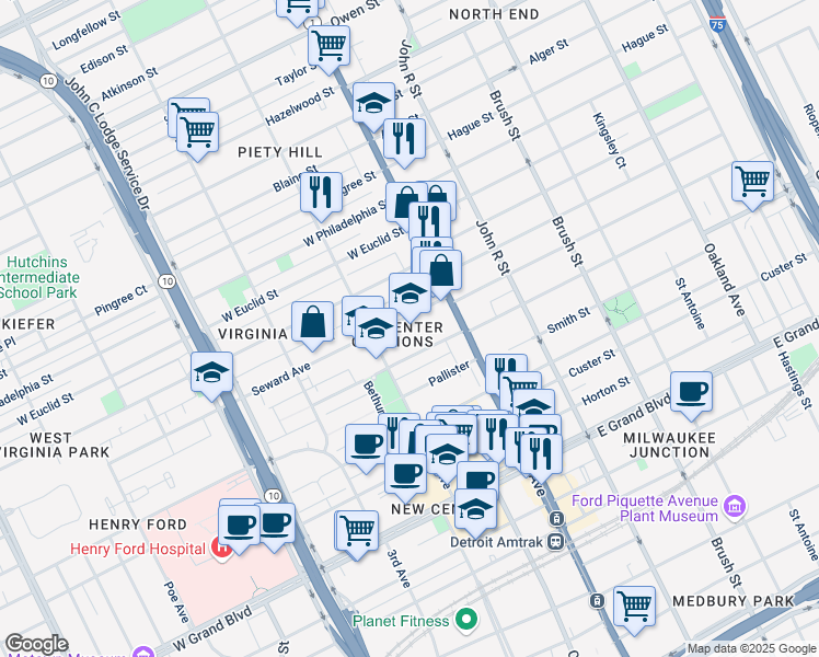 map of restaurants, bars, coffee shops, grocery stores, and more near 93 Seward Avenue in Detroit