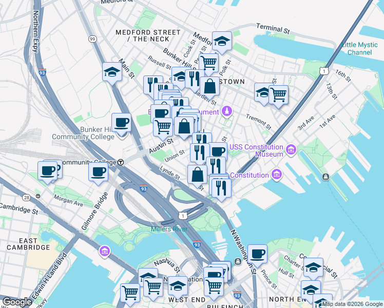 map of restaurants, bars, coffee shops, grocery stores, and more near 108 Main Street in Boston