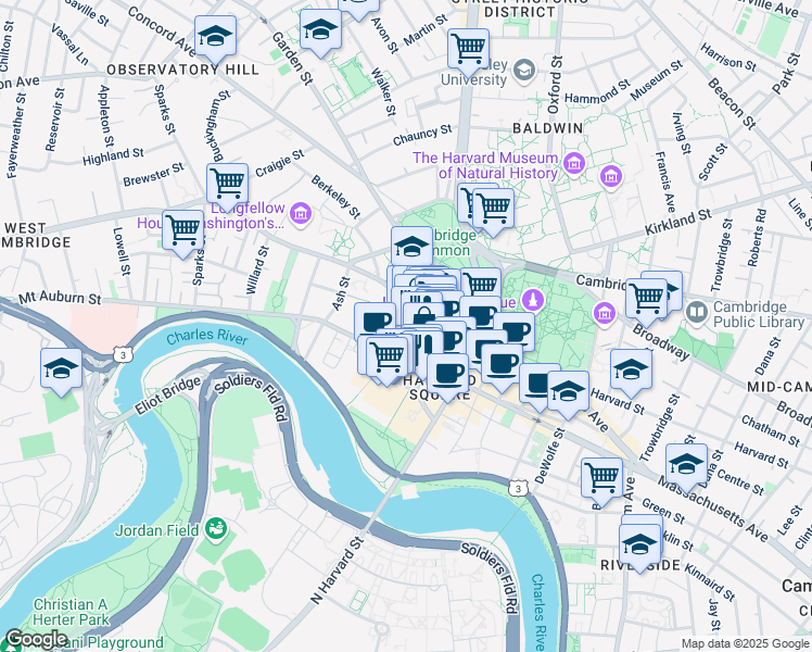 map of restaurants, bars, coffee shops, grocery stores, and more near 1 Mifflin Place in Cambridge