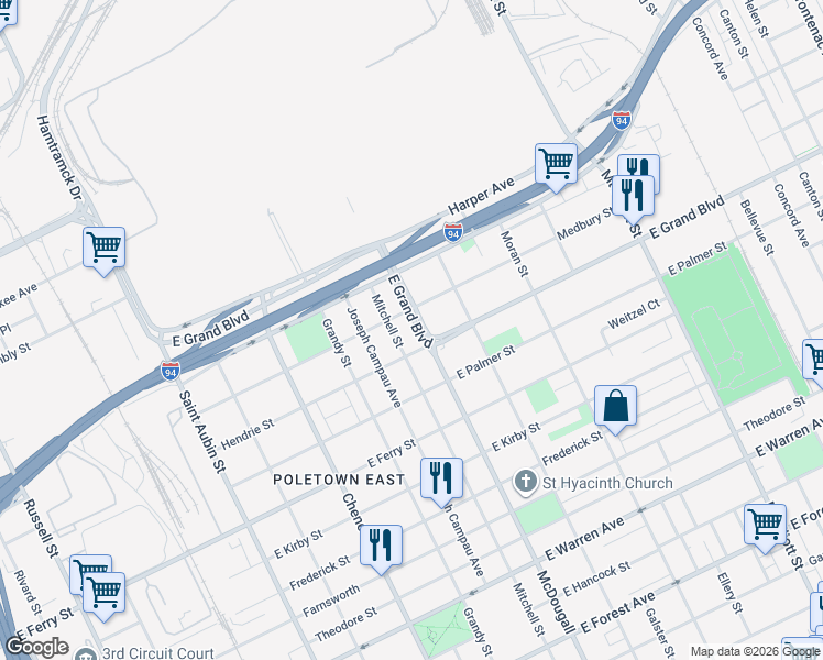 map of restaurants, bars, coffee shops, grocery stores, and more near 5761 McDougall Street in Detroit