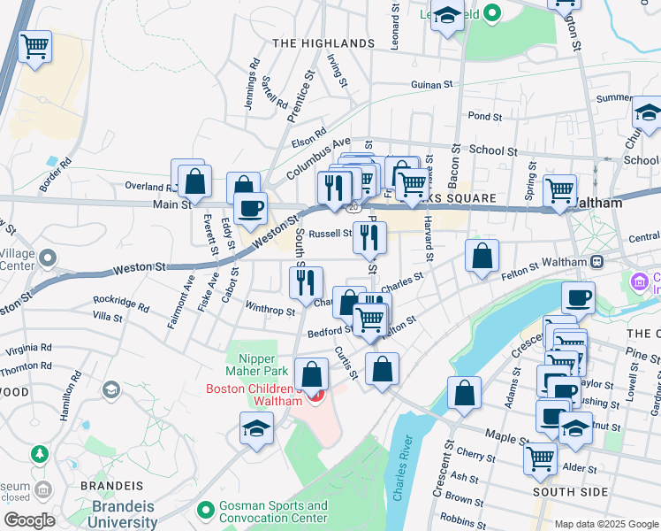 map of restaurants, bars, coffee shops, grocery stores, and more near 5 Charles Street Avenue in Waltham