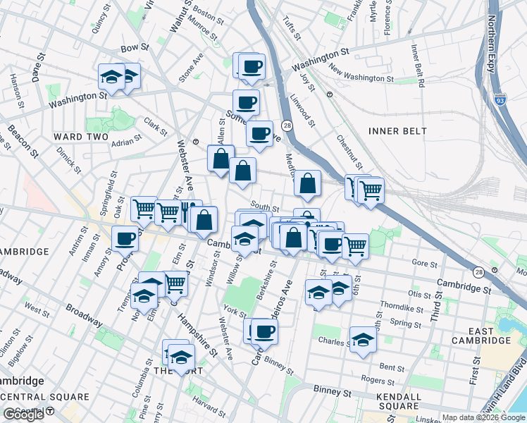map of restaurants, bars, coffee shops, grocery stores, and more near 21 Hunting Street in Cambridge