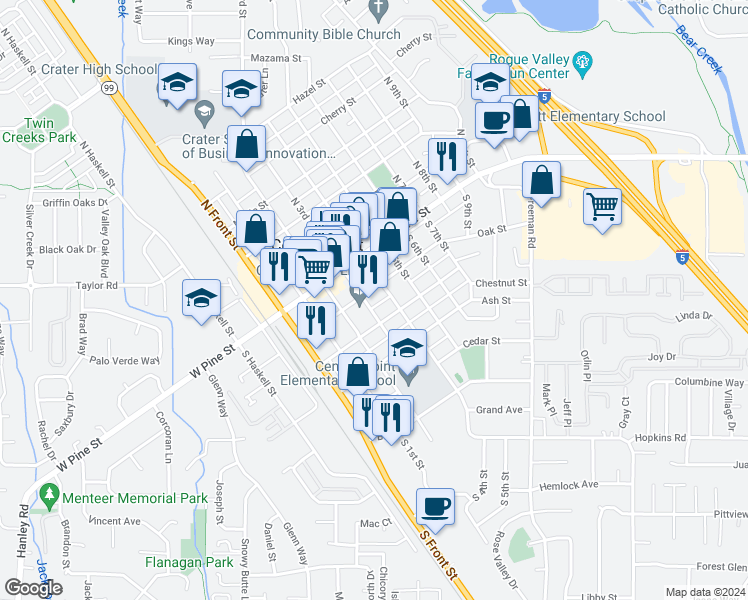 map of restaurants, bars, coffee shops, grocery stores, and more near 155 South 2nd Street in Central Point