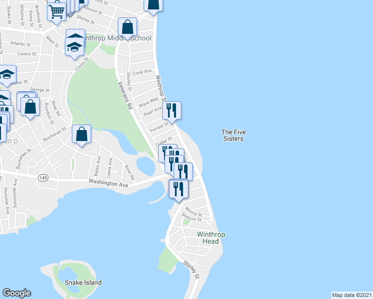 map of restaurants, bars, coffee shops, grocery stores, and more near 70 Winthrop Shore Drive in Winthrop