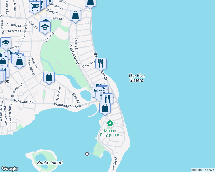 map of restaurants, bars, coffee shops, grocery stores, and more near 70 Winthrop Shore Drive in Winthrop