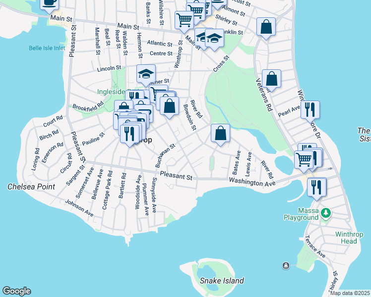 map of restaurants, bars, coffee shops, grocery stores, and more near 87 Winthrop Street in Winthrop