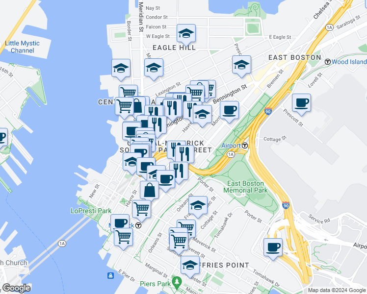map of restaurants, bars, coffee shops, grocery stores, and more near in Boston