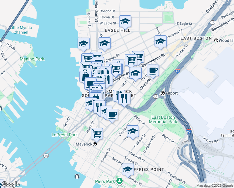 map of restaurants, bars, coffee shops, grocery stores, and more near in Boston