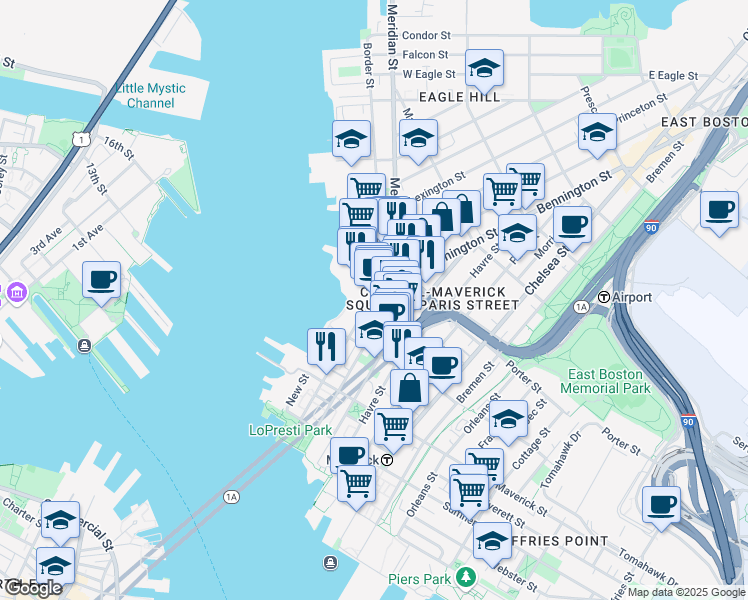 map of restaurants, bars, coffee shops, grocery stores, and more near 152-154 Liverpool Street in Boston