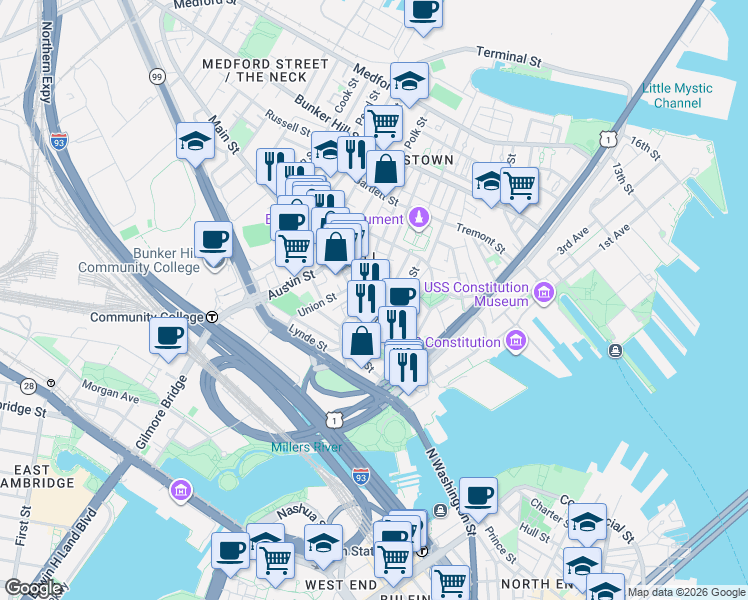 map of restaurants, bars, coffee shops, grocery stores, and more near 67 Main Street in Boston