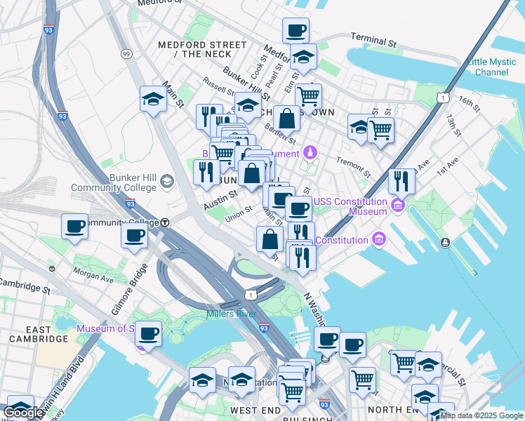 map of restaurants, bars, coffee shops, grocery stores, and more near 18 Devens Street in Boston