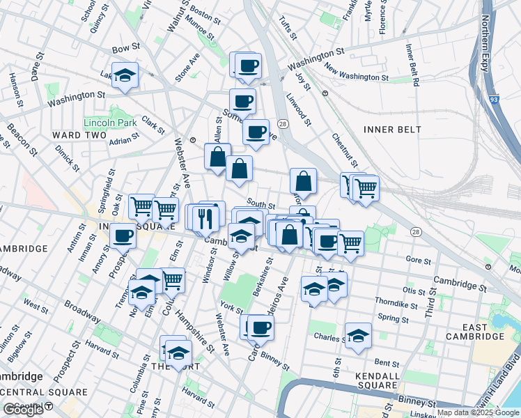 map of restaurants, bars, coffee shops, grocery stores, and more near 21 Hunting Street in Cambridge