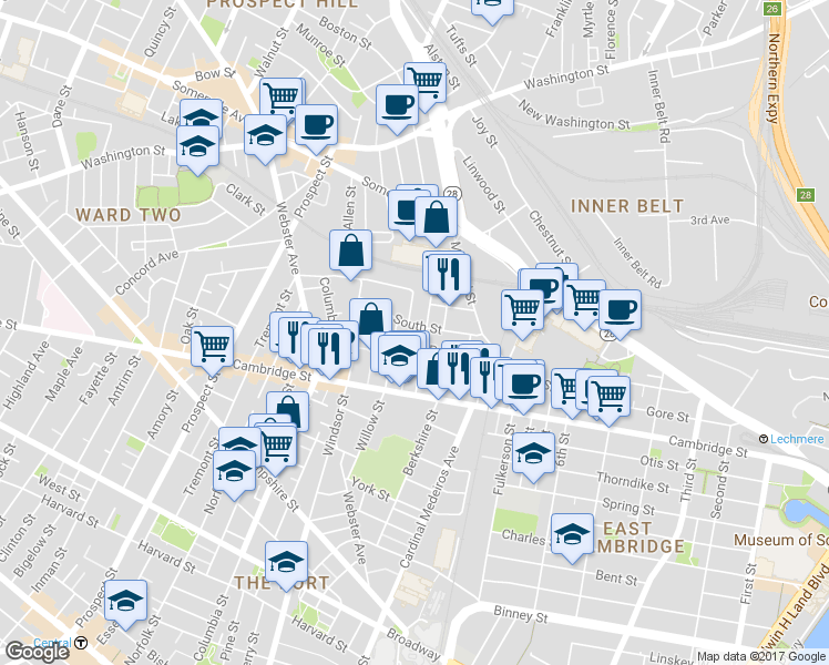 map of restaurants, bars, coffee shops, grocery stores, and more near 21 Hunting Street in Cambridge