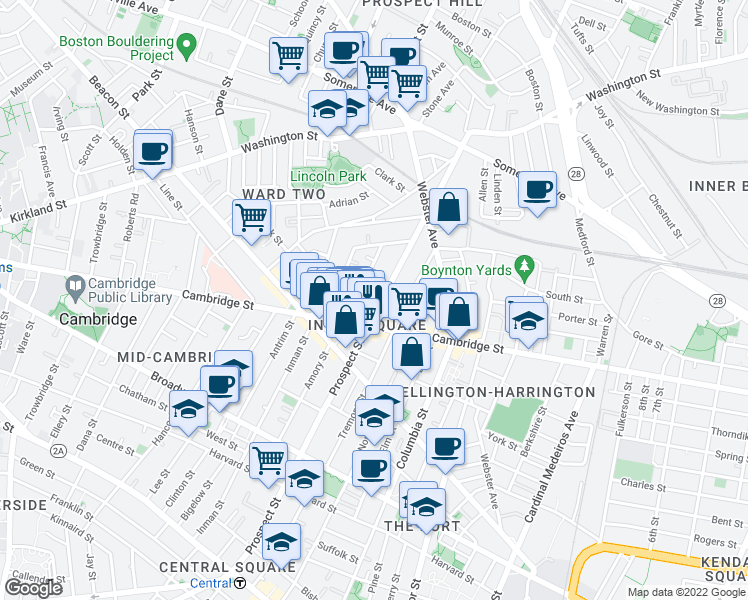 map of restaurants, bars, coffee shops, grocery stores, and more near in Cambridge