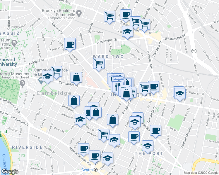 map of restaurants, bars, coffee shops, grocery stores, and more near 139 Antrim Street in Cambridge