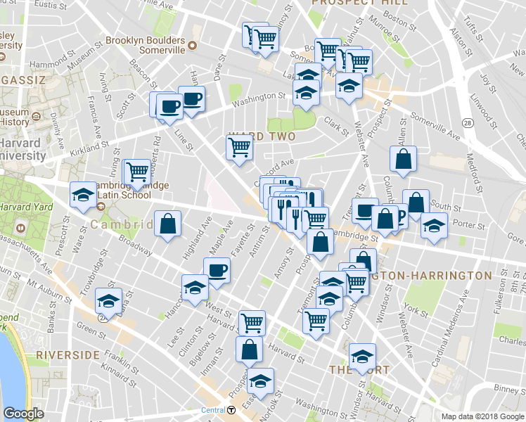 map of restaurants, bars, coffee shops, grocery stores, and more near 139 Antrim Street in Cambridge