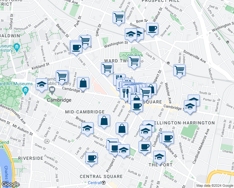 map of restaurants, bars, coffee shops, grocery stores, and more near 139 Antrim Street in Cambridge