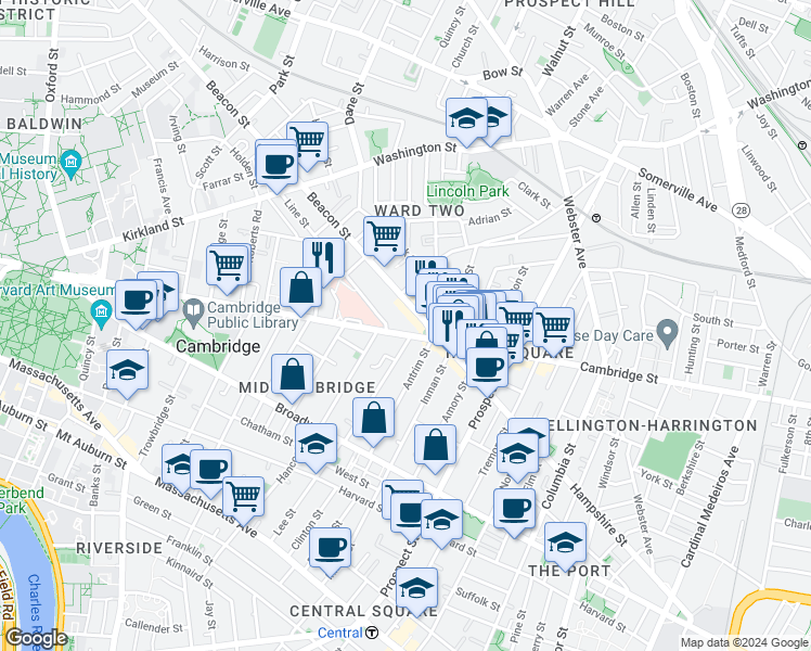map of restaurants, bars, coffee shops, grocery stores, and more near in Cambridge