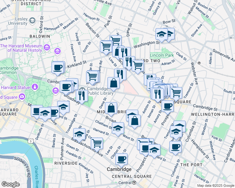 map of restaurants, bars, coffee shops, grocery stores, and more near 13 Greenough Avenue in Cambridge