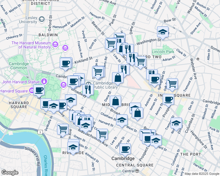 map of restaurants, bars, coffee shops, grocery stores, and more near 66 Dana Street in Cambridge