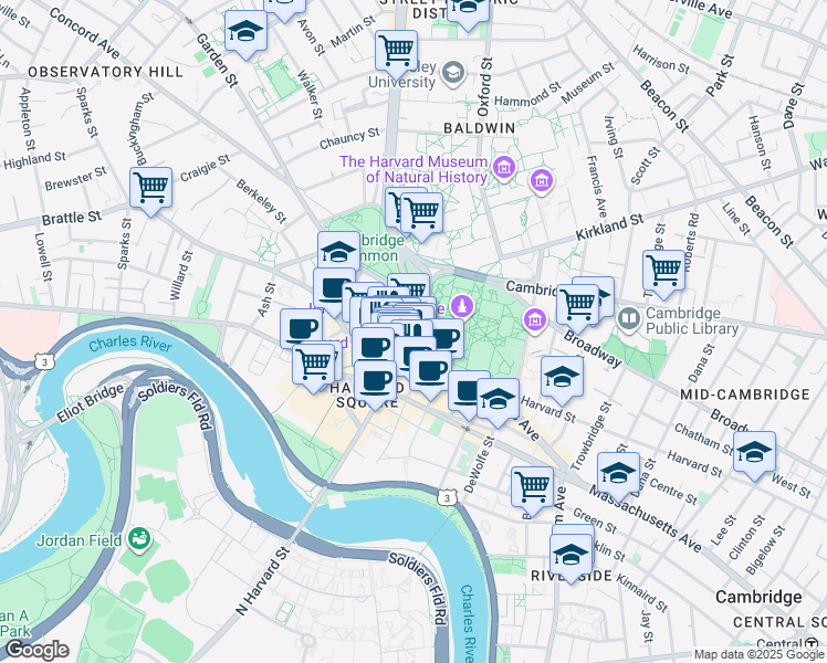 map of restaurants, bars, coffee shops, grocery stores, and more near 4 Brattle Square in Cambridge