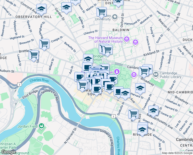 map of restaurants, bars, coffee shops, grocery stores, and more near in Cambridge