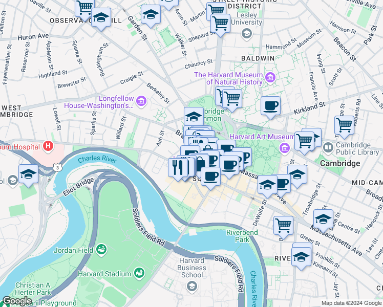 map of restaurants, bars, coffee shops, grocery stores, and more near 1 Mifflin Place in Cambridge