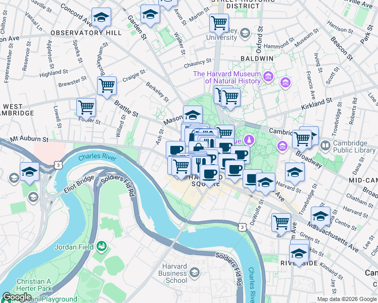 map of restaurants, bars, coffee shops, grocery stores, and more near 1 Mifflin Place in Cambridge