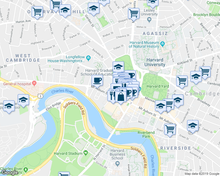 map of restaurants, bars, coffee shops, grocery stores, and more near 1 Mifflin Place in Cambridge