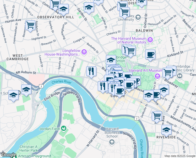 map of restaurants, bars, coffee shops, grocery stores, and more near 132 Mount Auburn Street in Cambridge