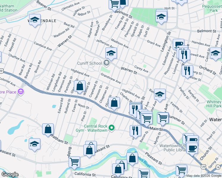 map of restaurants, bars, coffee shops, grocery stores, and more near 44 Olcott Street in Watertown