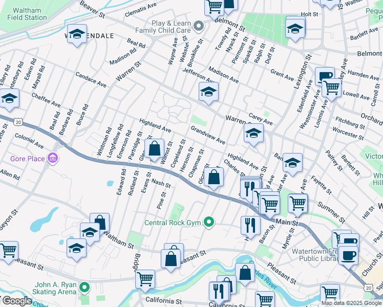 map of restaurants, bars, coffee shops, grocery stores, and more near 25 Hersom Street in Watertown