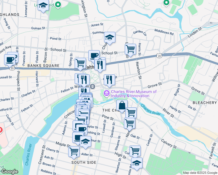 map of restaurants, bars, coffee shops, grocery stores, and more near 101 Elm Street in Waltham