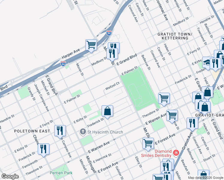 map of restaurants, bars, coffee shops, grocery stores, and more near 3604 East Ferry Street in Detroit