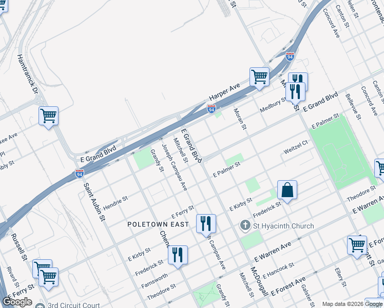 map of restaurants, bars, coffee shops, grocery stores, and more near 5761 McDougall Street in Detroit
